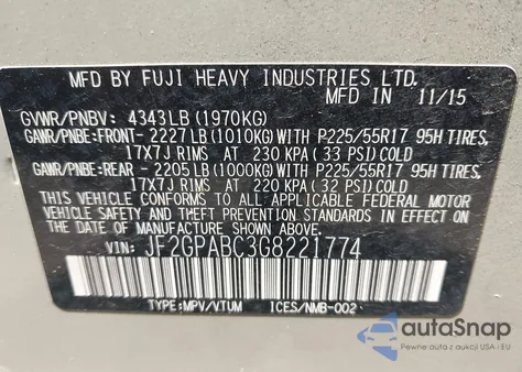 2016 Subaru Crosstrek 2.0I Premium from USA, damaged, VIN JF2GPABC3G8221774